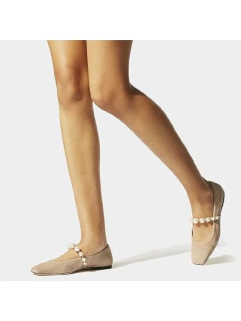 FOWT Women Square Toe Slip on Flats Pearl Studded Strap Elegant Pumps Nude
